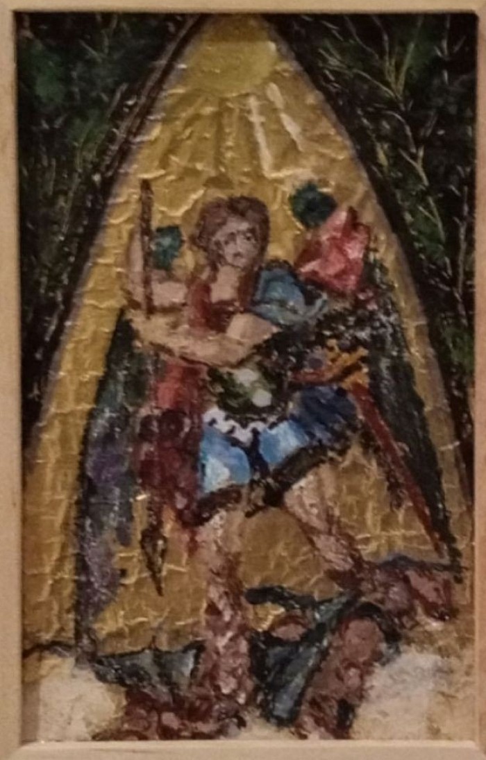 Der Kampf des Heiligen Michael und des Drachen. Acrylfarbe auf goldenem Blatt. Inspiriert von einem Fresko in Saint-Michel d'Andaines (Fr-61)