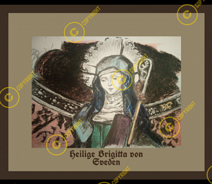 Heilige Brigitta von Schweden. Inspiriert von einem Glasmalerei. Buntstifte und Tinte