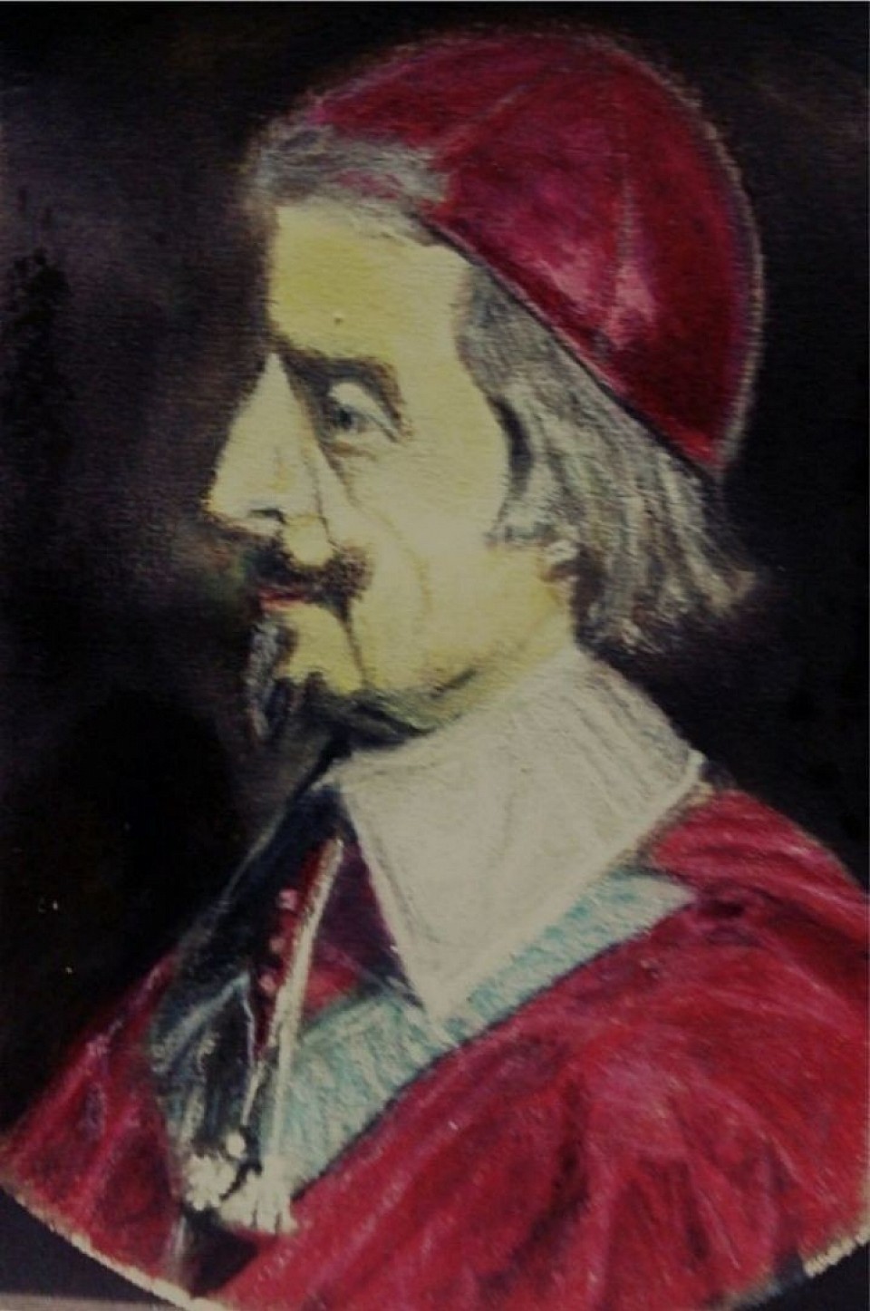 Porträt Kardinals von Richelieu. Fettiges Pastell und öl auf papier A5. Inspiriert von Philippe de Champaigne. Kunstmuseum Straßburgs